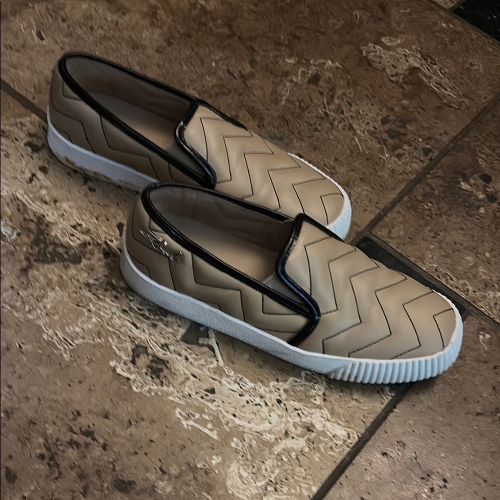 Karl Lagerfeld Tan and Black Slip-On Flats with Chevron Design